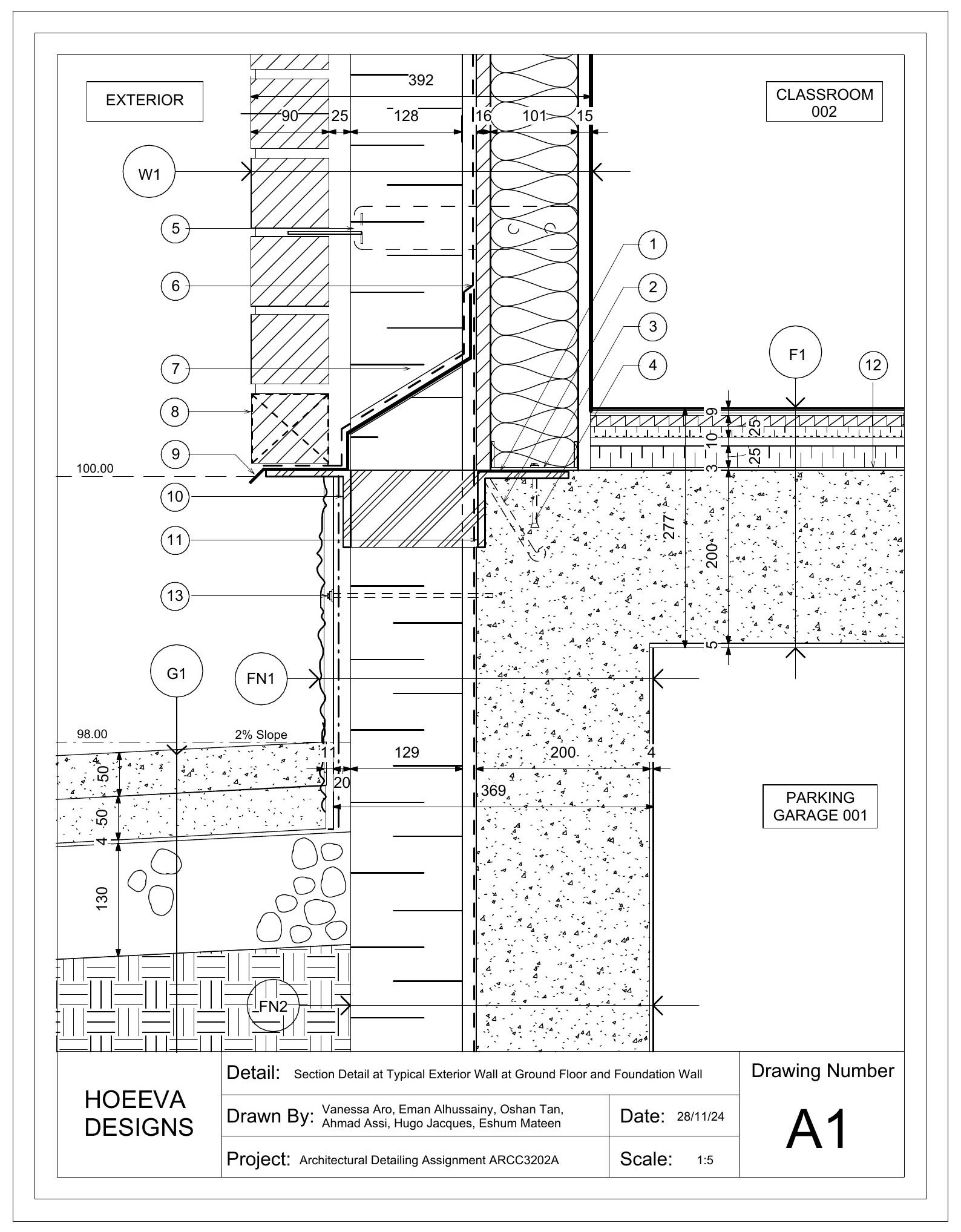 Wall section running from the parking garage through the foundation to the classroom above, every layer numbered and keyed, dimensioned across the assembly