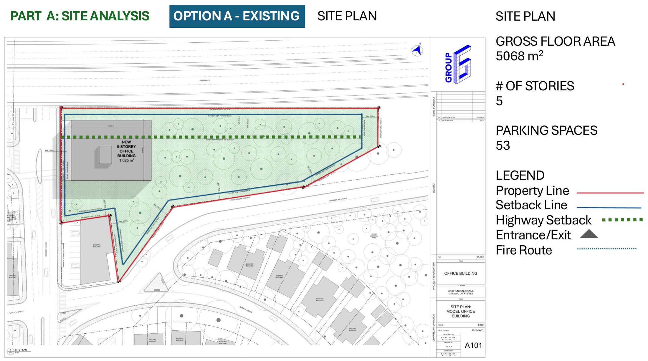 Site plan of the existing condition with the property line, highway setback and fire route keyed to a legend