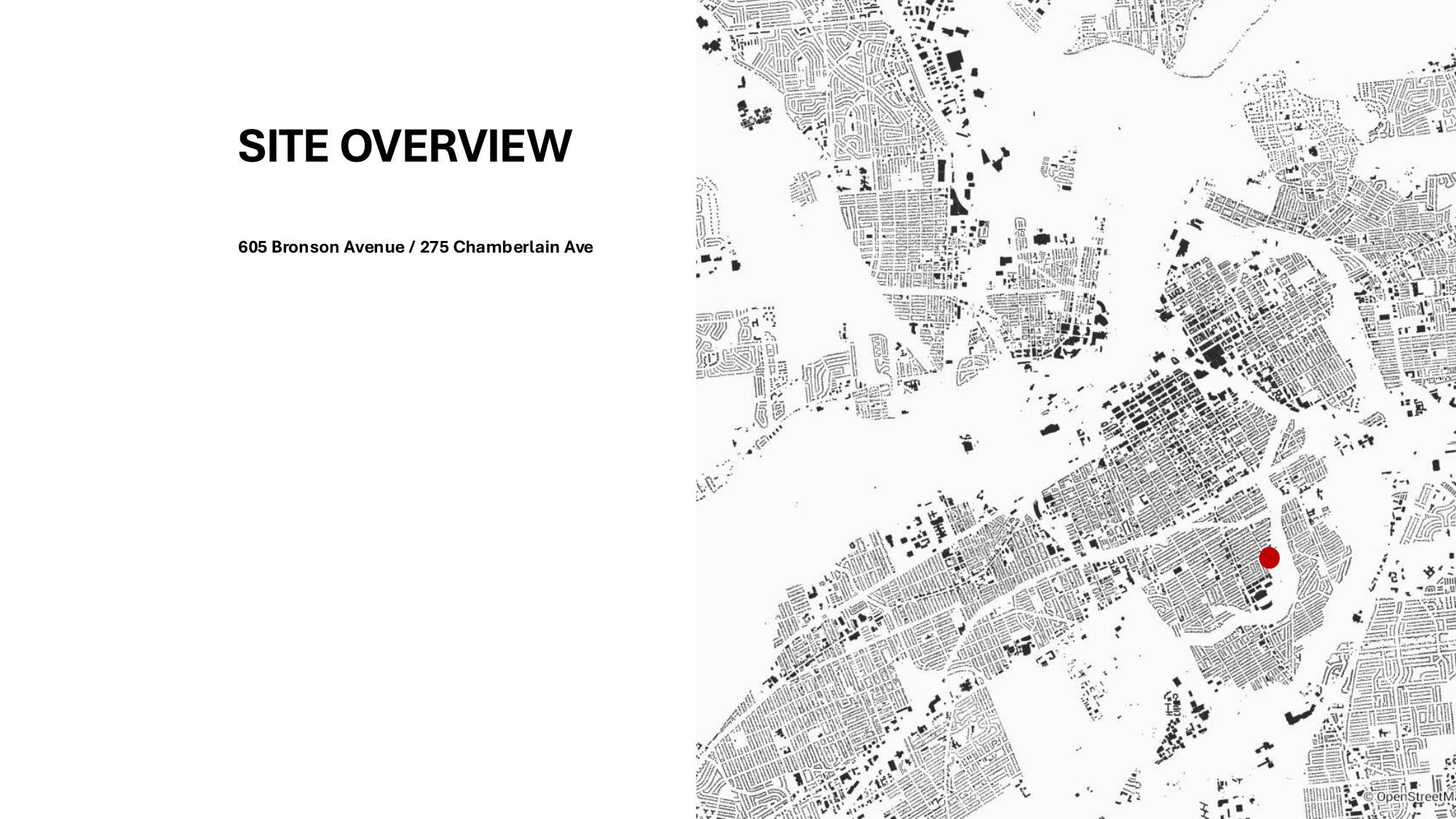 Figure ground map of the surrounding blocks with the subject site marked in red at the corner of Bronson Avenue and Chamberlain Avenue