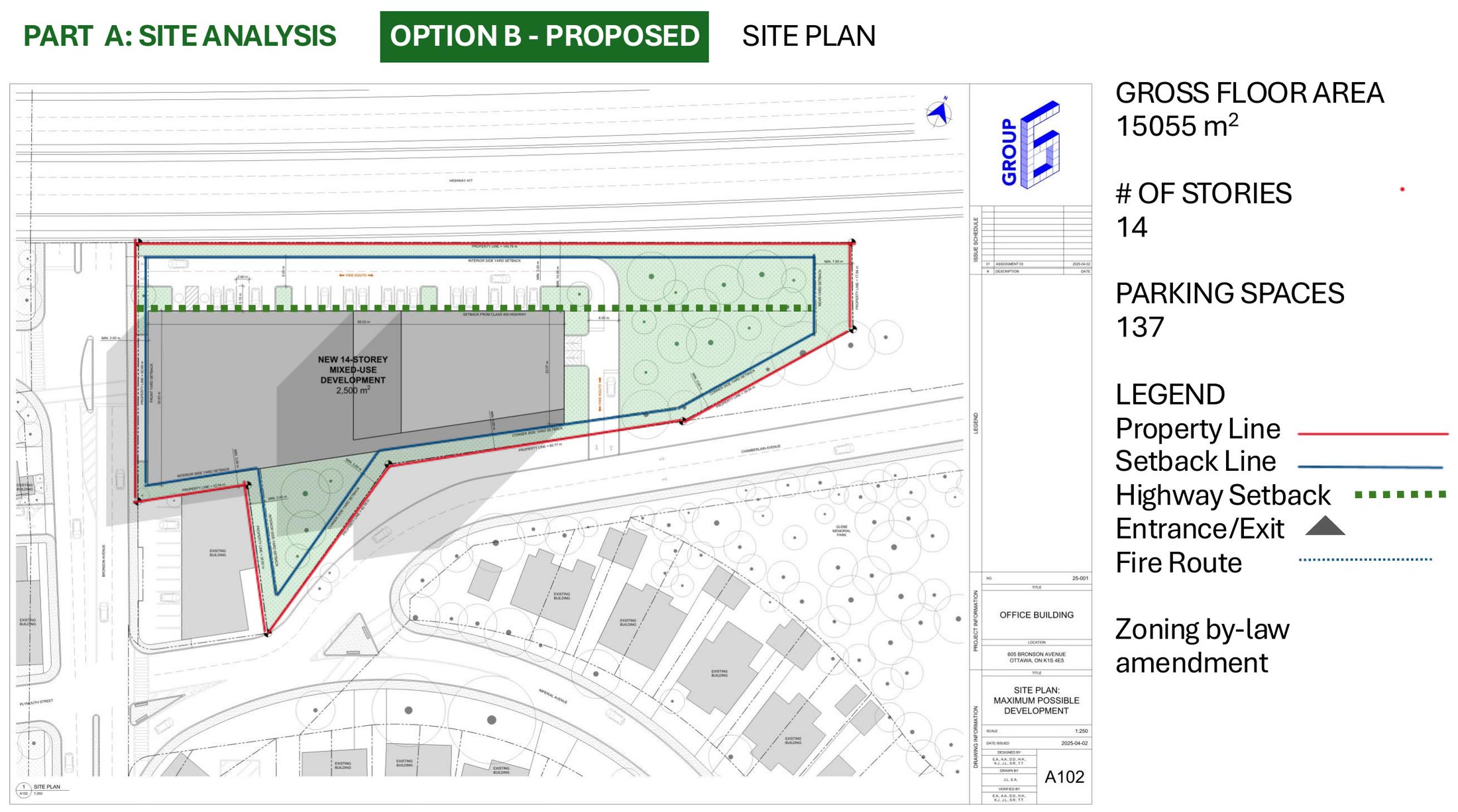 Site plan of the proposed option at 605 Bronson Avenue with the property line, setbacks and fire route marked, noting 15,055 square metres of floor area over fourteen storeys