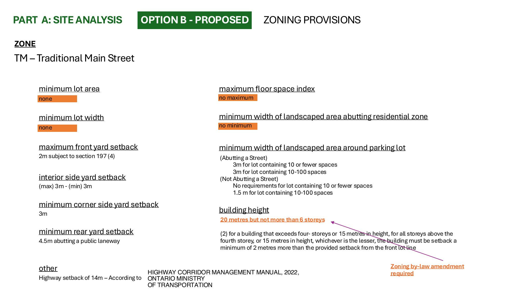 Zoning provisions for the proposed option with the height clause annotated against the by-law amendment required