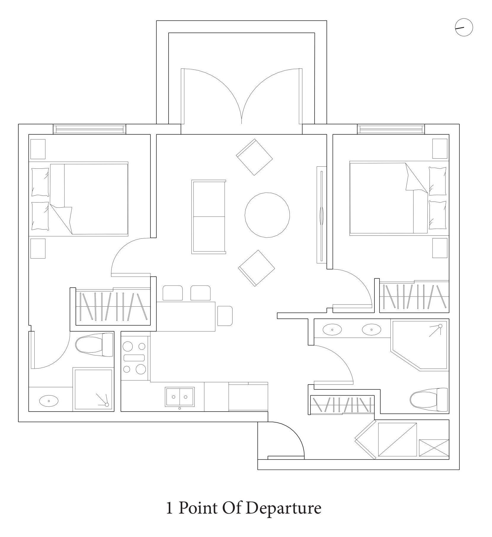 Floor plan of the two bedroom unit as designed, unfurnished, with the north point marked