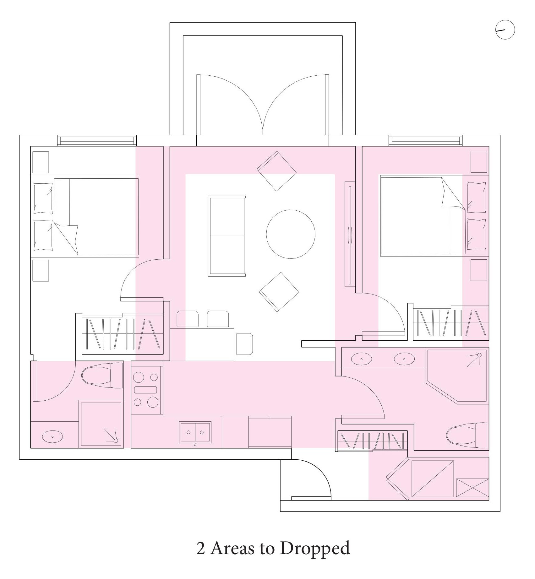 The same plan with the dropped ceiling zones washed in across the corridor, kitchen and bathrooms