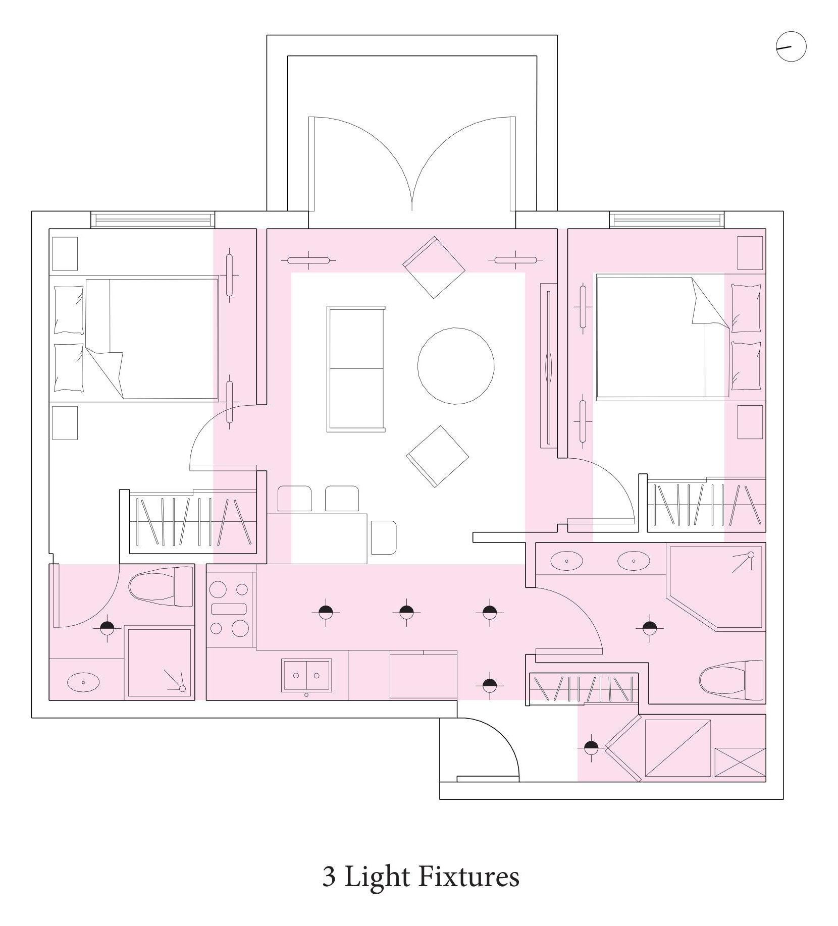 Light fixture layout drawn over the dropped ceiling zones