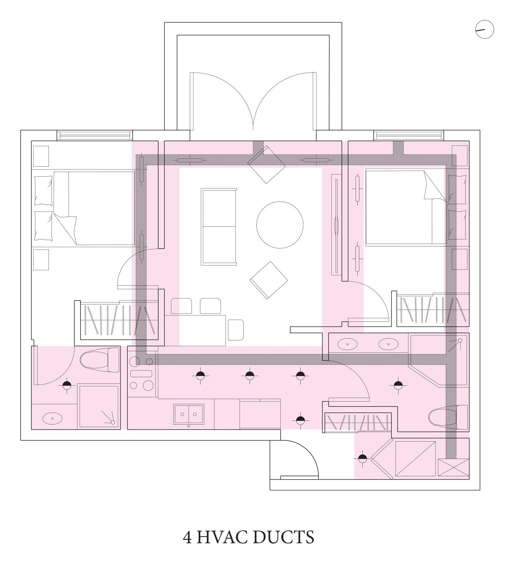 HVAC duct runs drawn through the dropped zones, the supply spine crossing the corridor and branching to each room