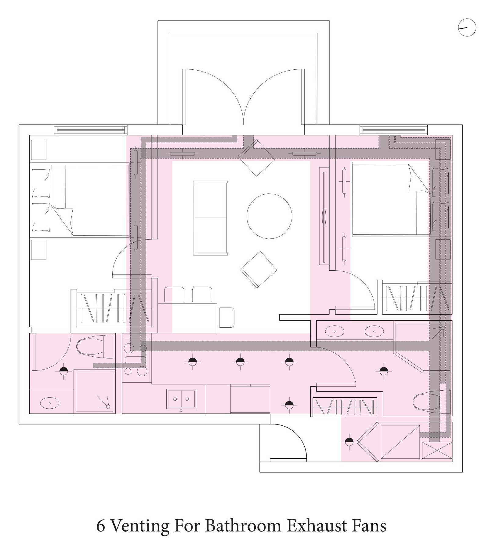 Bathroom exhaust fan venting drawn from both washrooms to the exterior