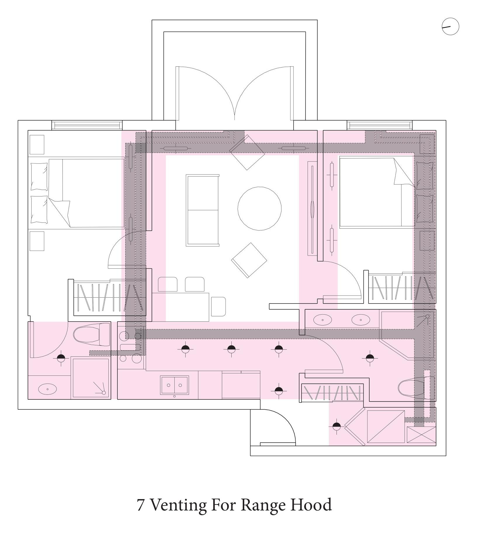 Range hood venting drawn from the kitchen through the bulkhead to the exterior wall