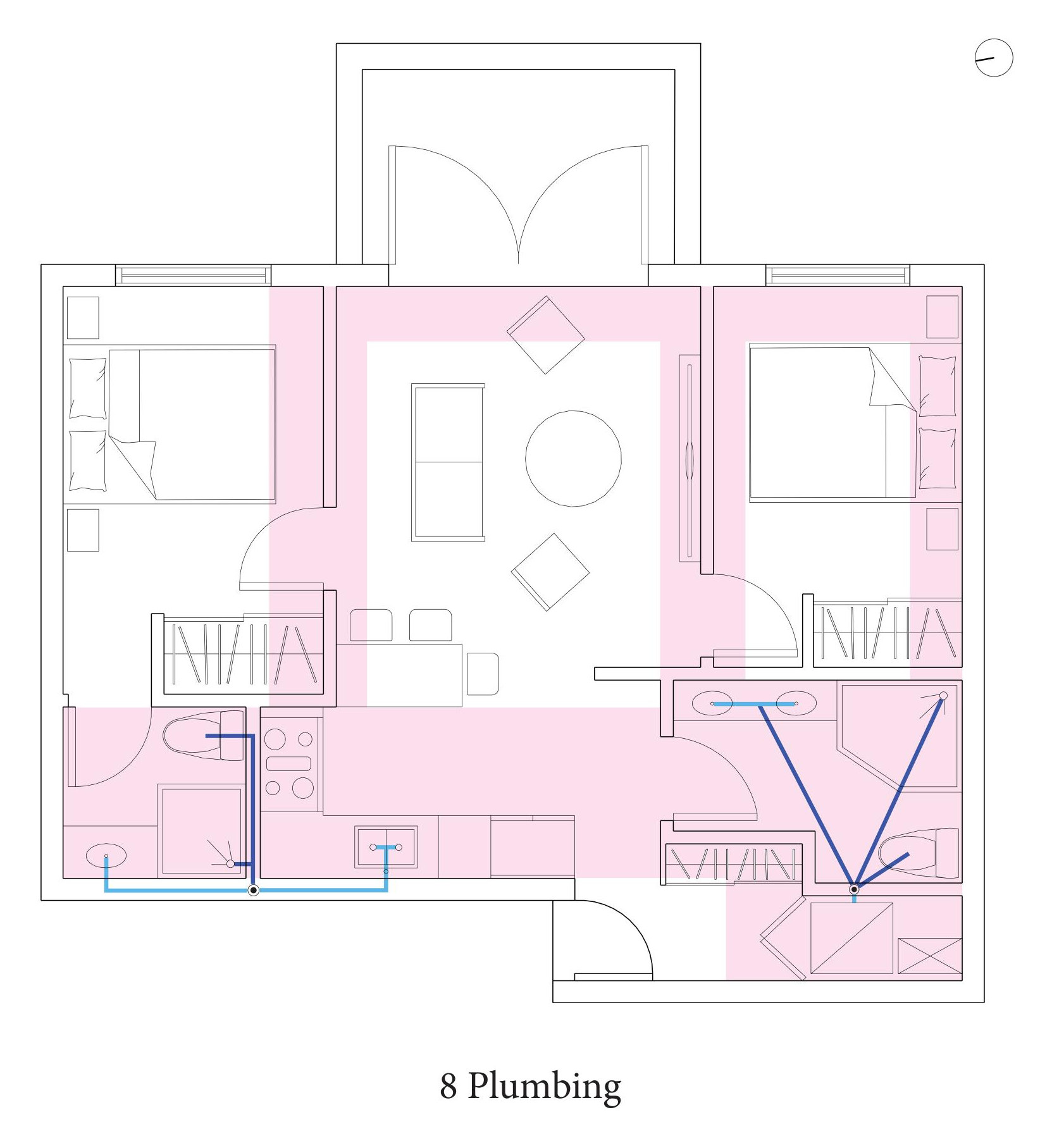 Plumbing runs drawn to the kitchen, both bathrooms and the laundry