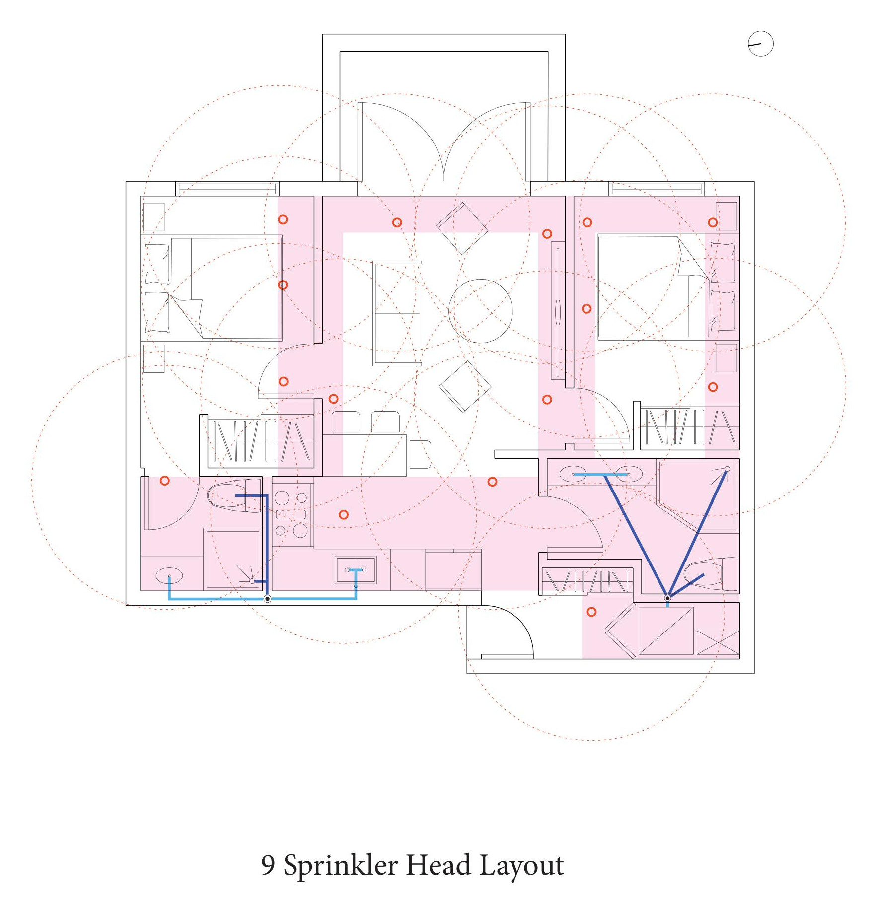 Sprinkler head layout with the coverage circle of each head drawn so the overlaps can be checked