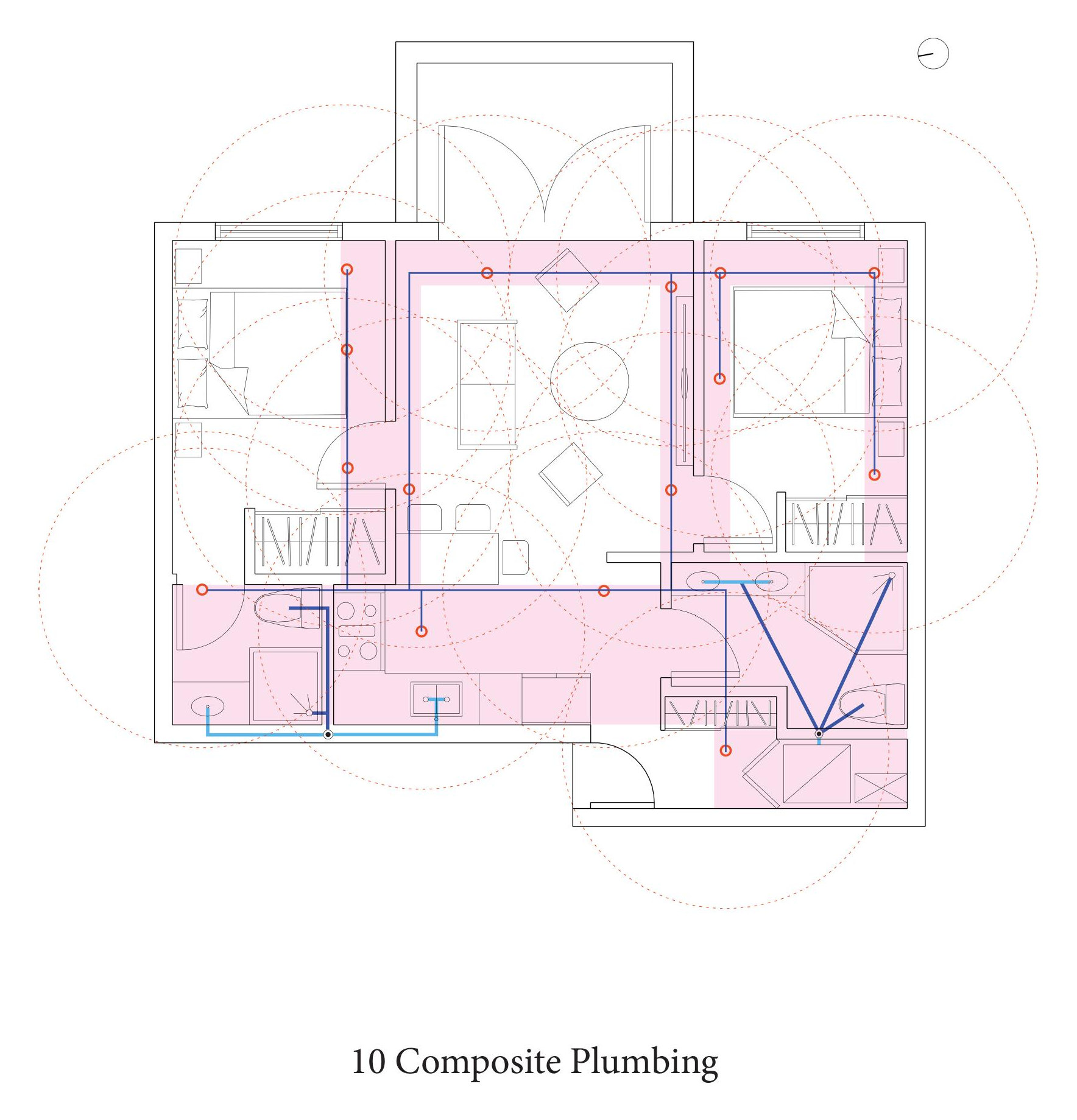 Composite of the plumbing and the sprinkler layout over the dropped ceiling zones