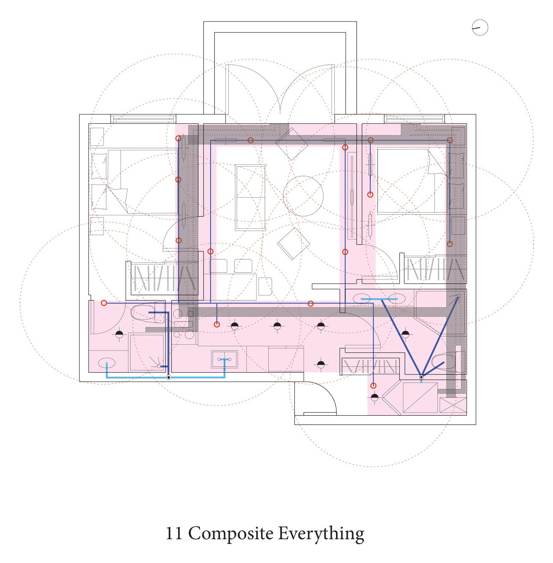 The coordinated plan with the dropped ceiling zones washed in, the bulkheads outlined and the duct and sprinkler runs drawn over the top