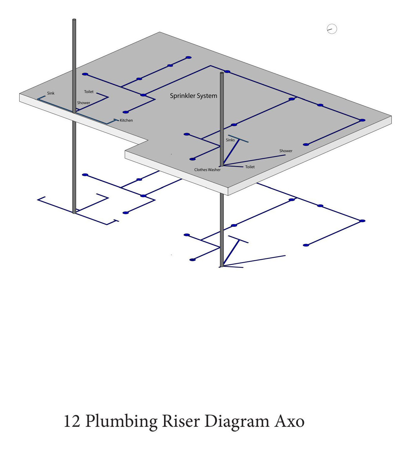 Axonometric of the plumbing riser showing the stack running between floor plates and branching at each level
