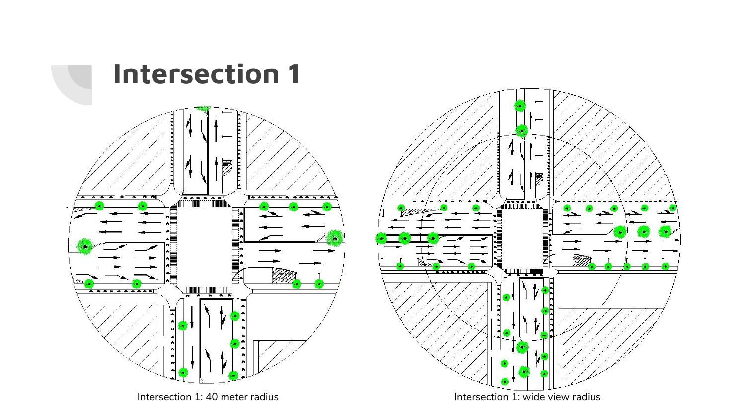 Intersection 1 drawn twice, at a forty metre radius and at a wider radius, with lane markings, crossings and street trees