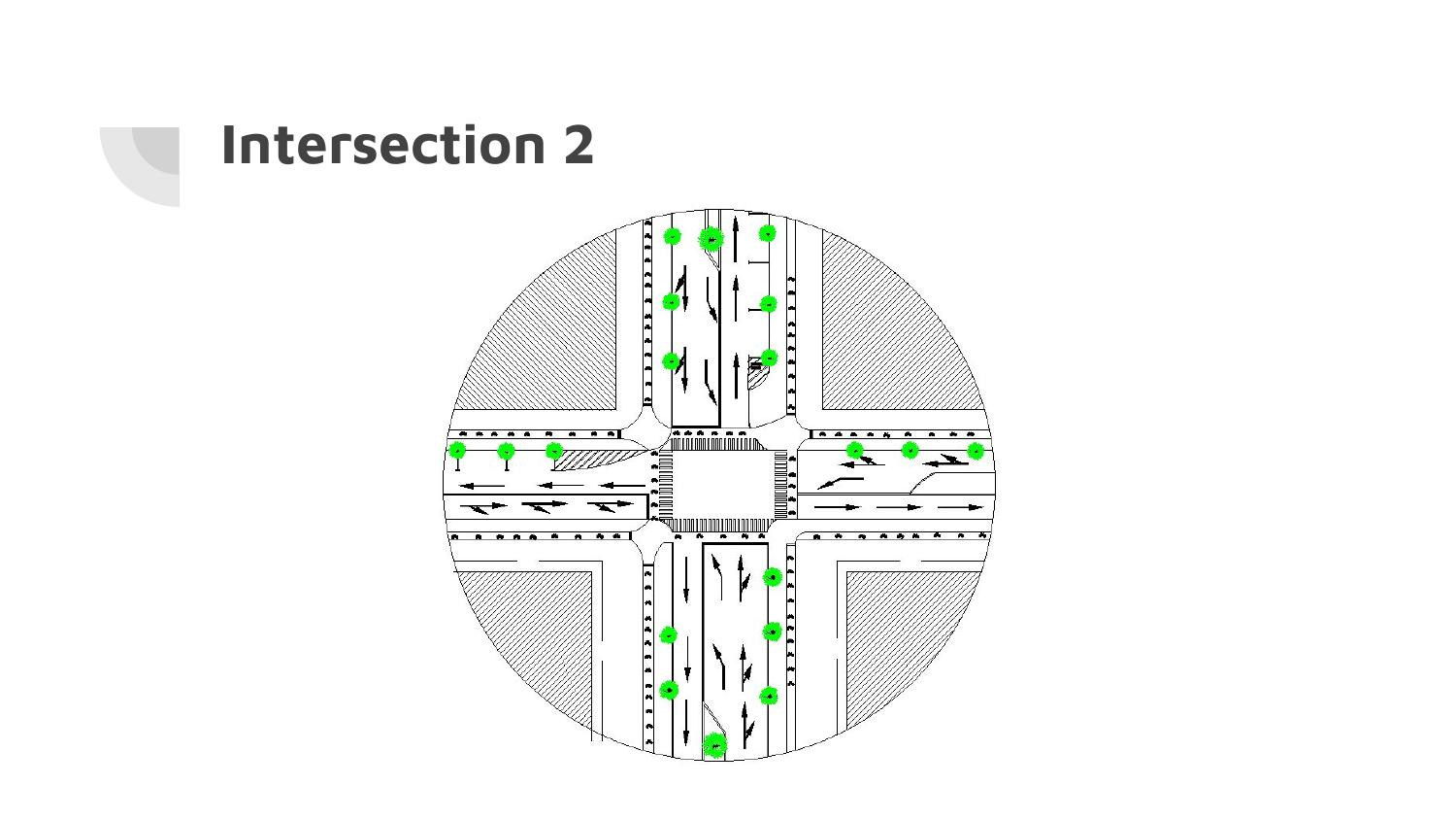 Intersection 2 drawn as a four way crossing with the lane arrangement, planting and pedestrian crossings marked