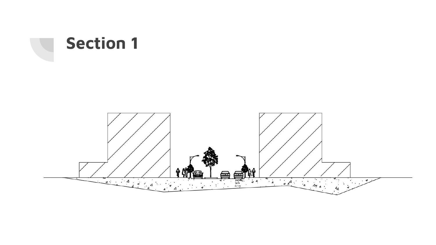 Street section 1 with the buildings hatched either side, the carriageway, footways, planting and street furniture drawn to scale