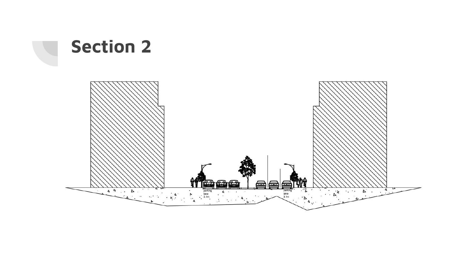 Street section 2, a wider carriageway between taller blocks with a planted median and lighting