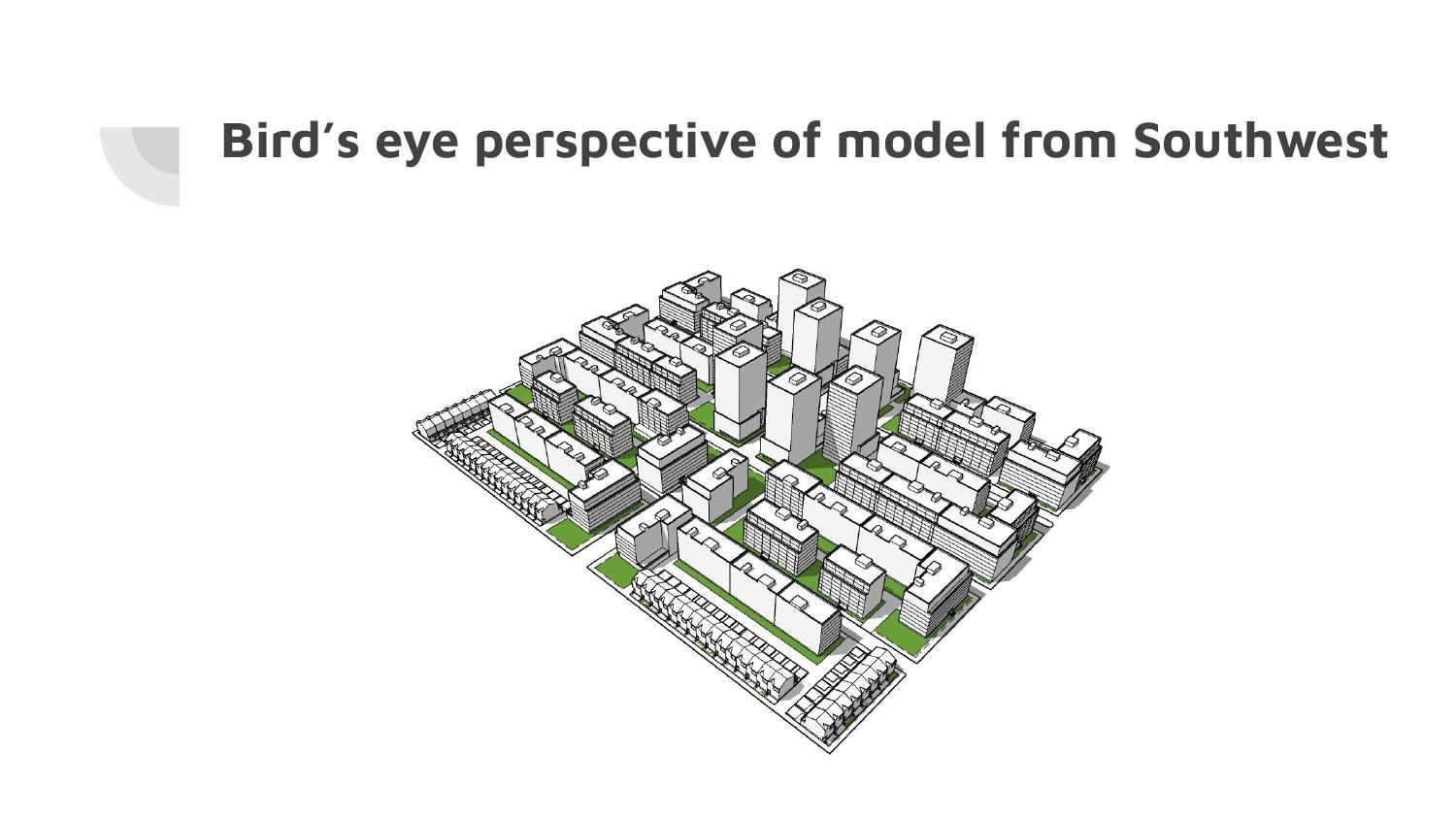 Bird's eye perspective of the assembled model from the southwest, the block types set out along the street grid with towers at the corners
