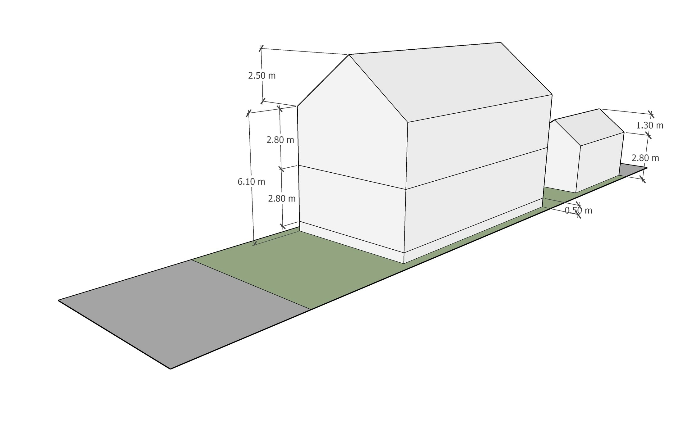Dimensioned axonometric of a single family detached house on its lot, the setbacks and heights measured off the drawing