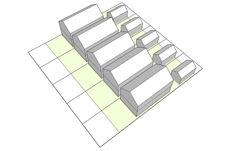 Row housing stepped along the street with each unit's plot picked out in pale green