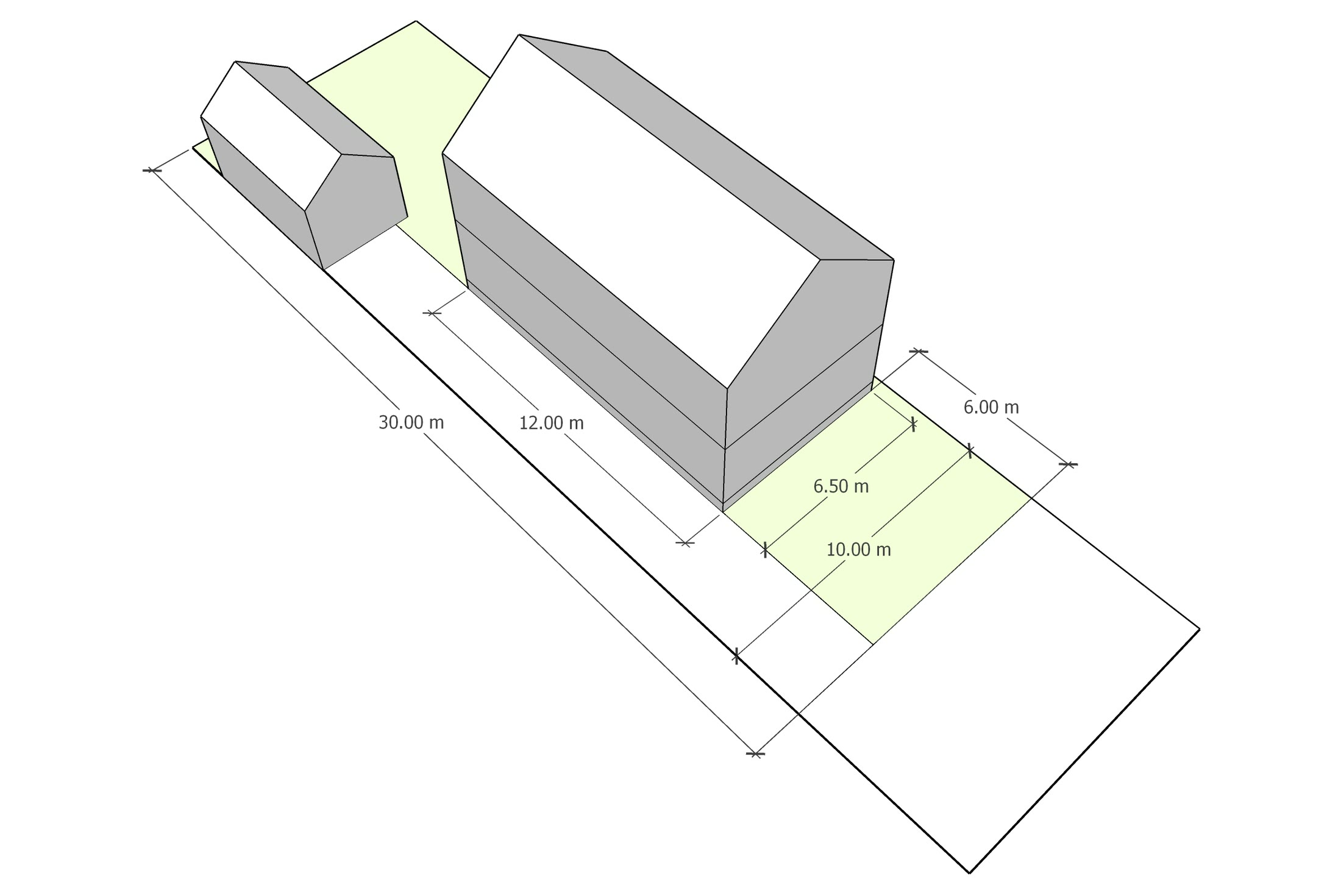 A long single volume on a wide lot, dimensioned across its 30 metre frontage