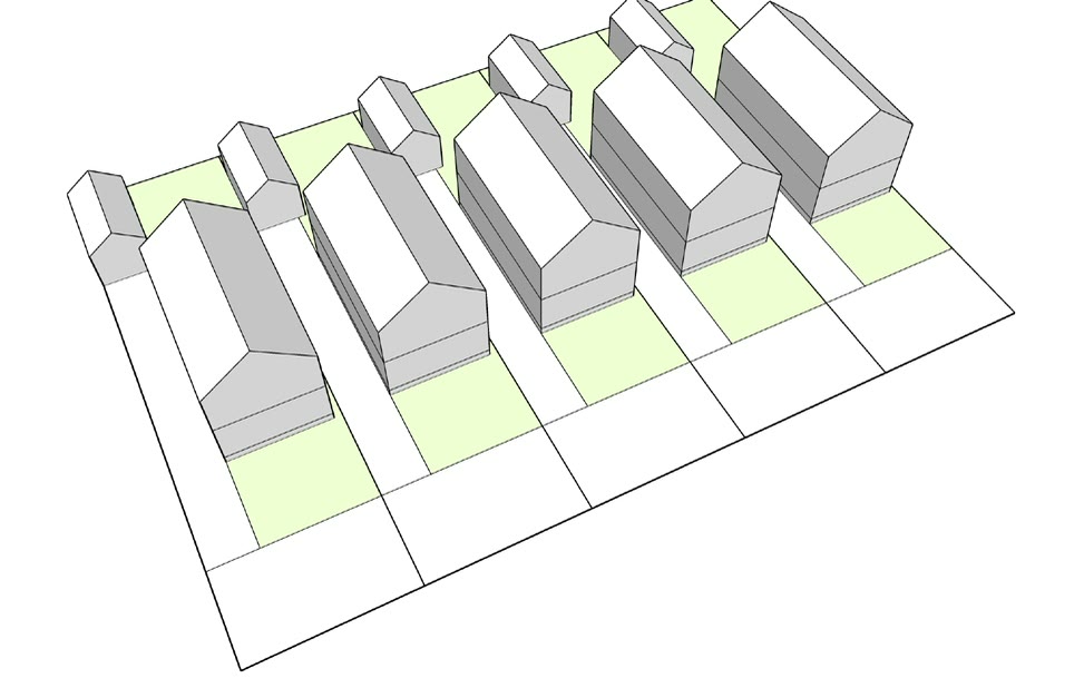 Rows set at an angle to the street with the green plots running between them