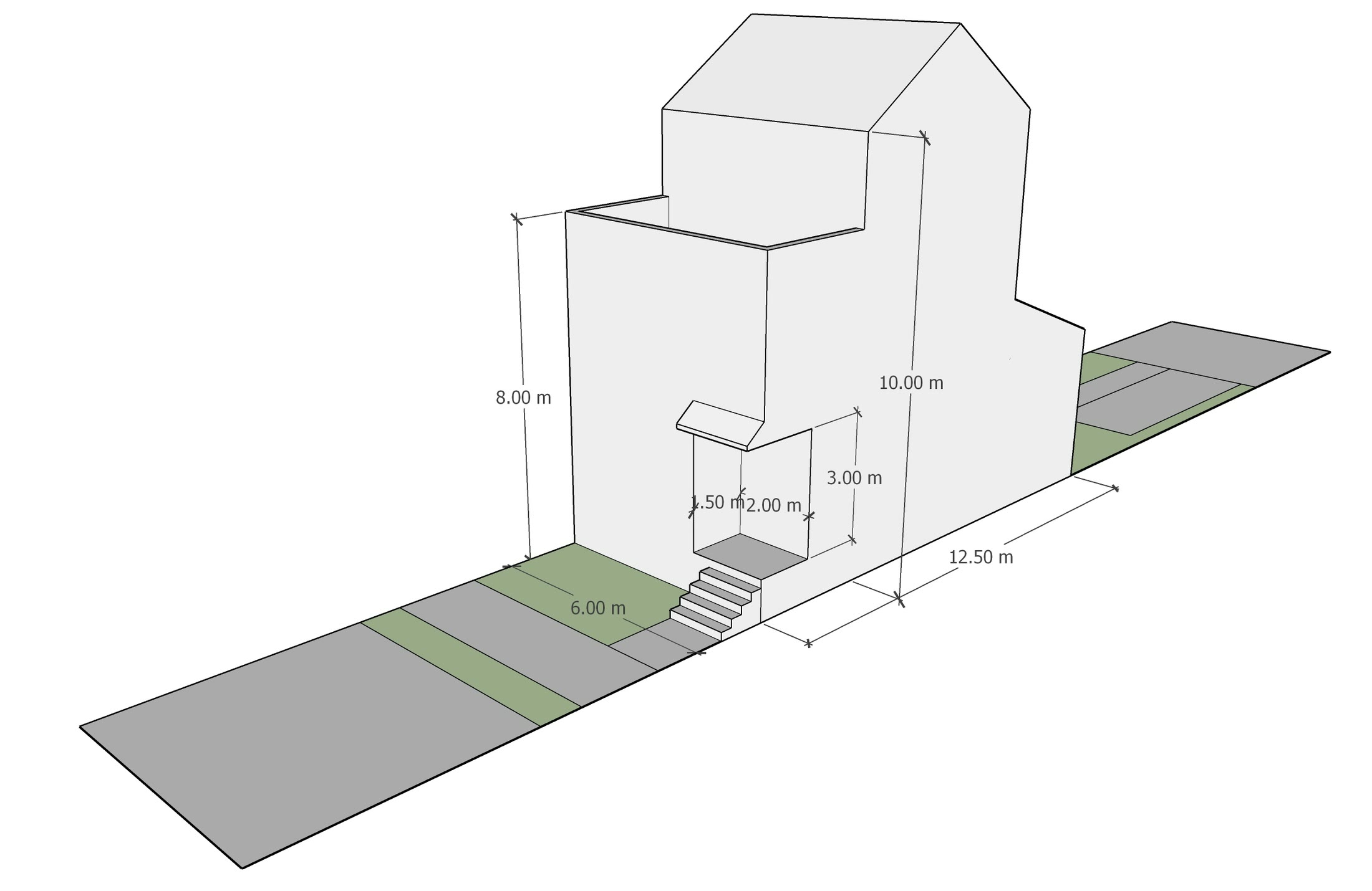 Detached house with a rear addition, dimensioned in height and depth against the sidewalk setback