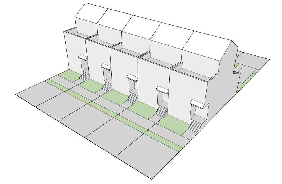 A terrace of five with the front steps and planted strips dimensioned along the pavement