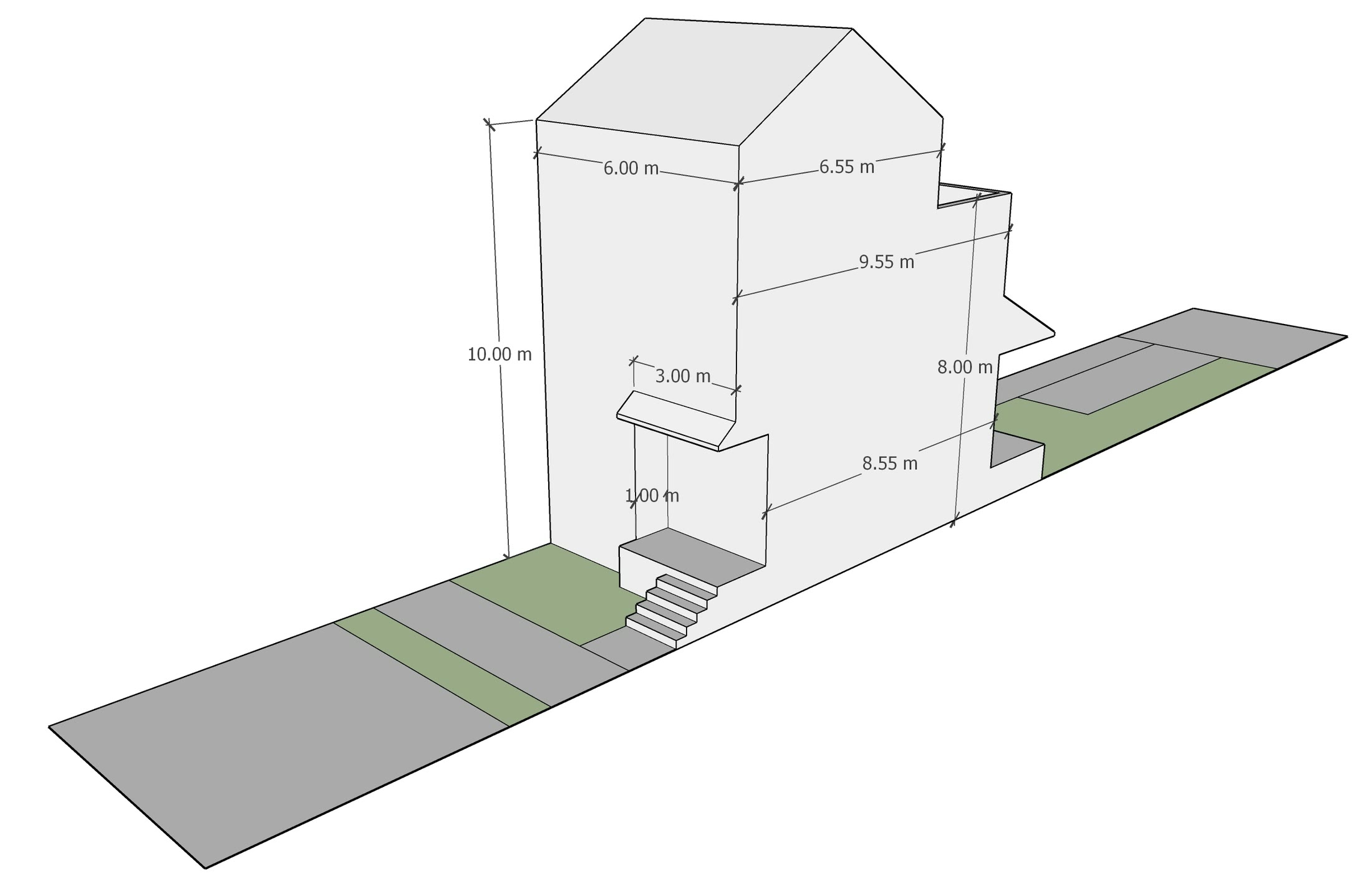 A three storey end unit dimensioned in height, depth and setback