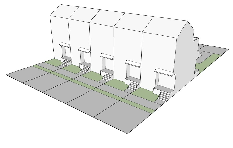 A longer terrace with the entrance stairs repeated and the roof pitch carried through