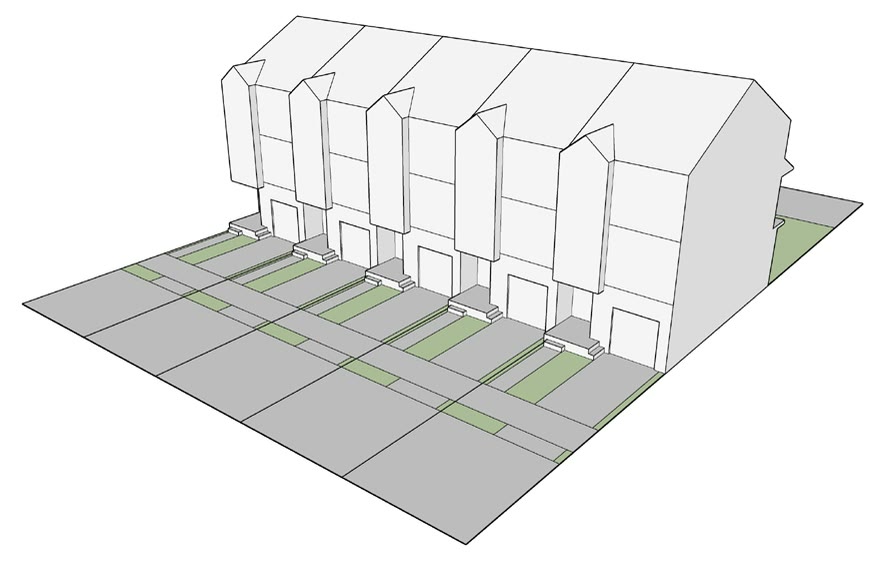 Row type with the front stairs and setbacks dimensioned, drawn to the same convention as the rest of the set