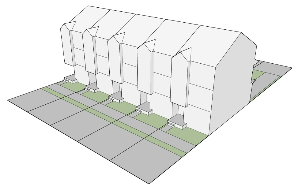 Stacked town housing with the party walls and shared entrances drawn along the frontage