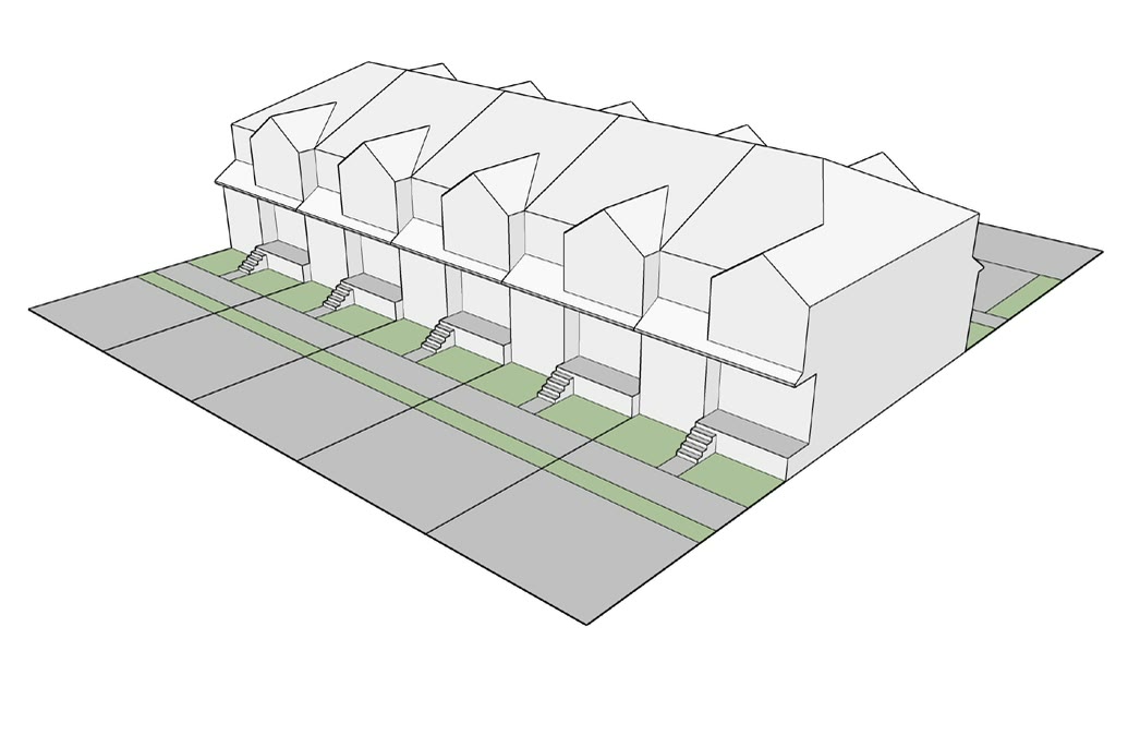 A stepped block with the upper storey set back and the heights dimensioned