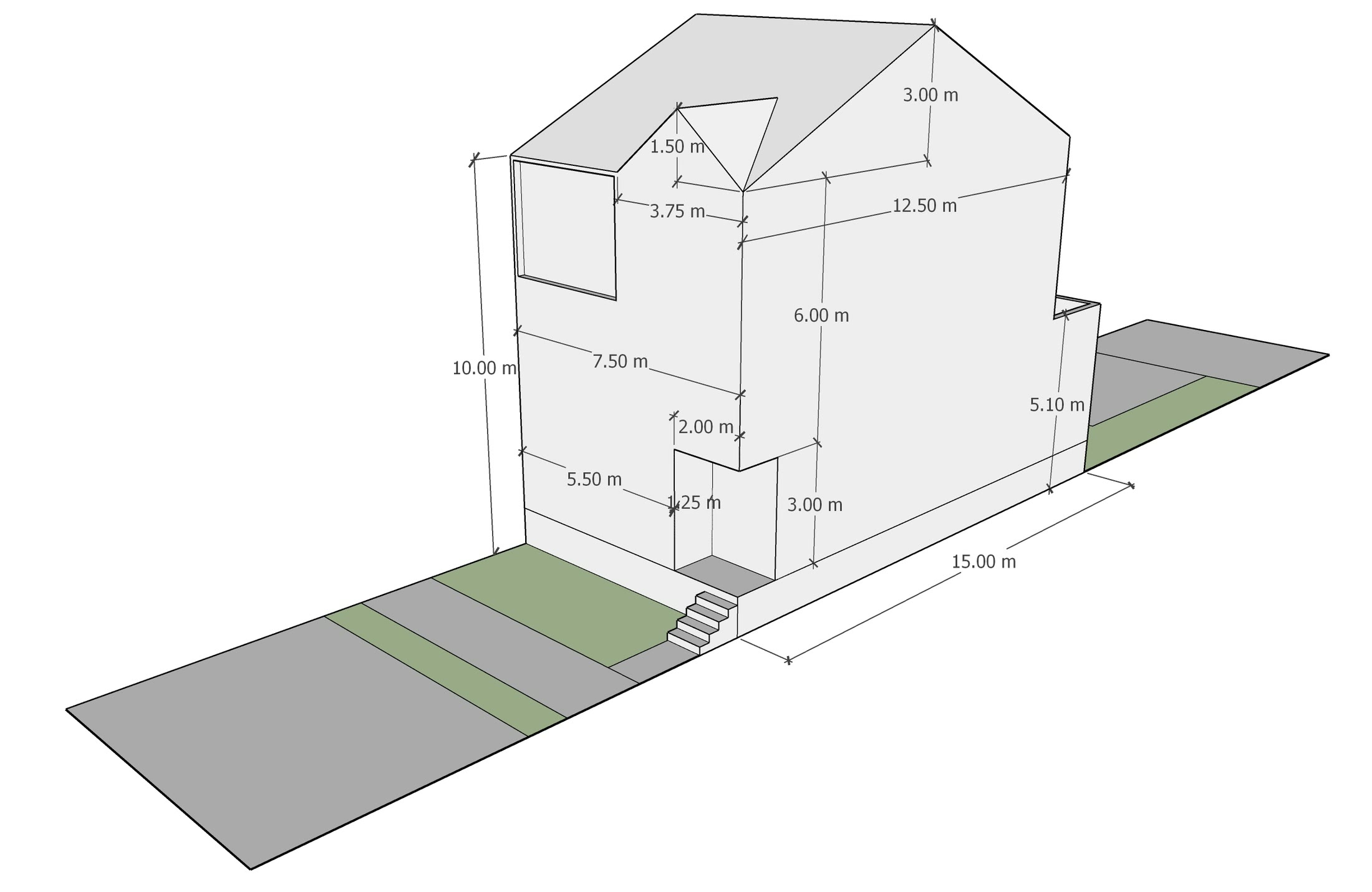 A gabled block dimensioned across a 15 metre frontage with the storey heights marked