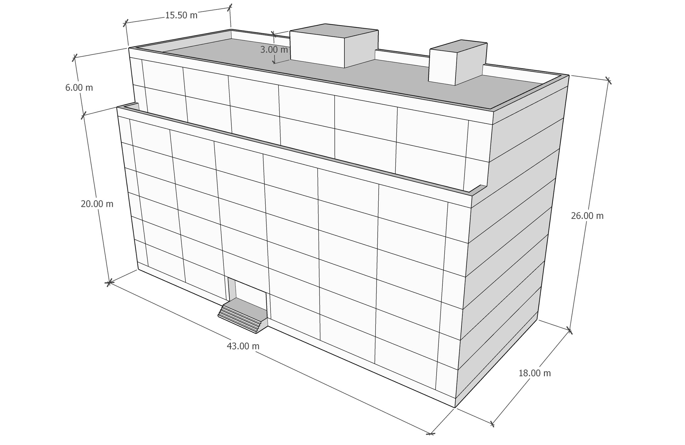 A mid-rise block dimensioned 43 by 18 metres and 20 metres high, with plant on the roof