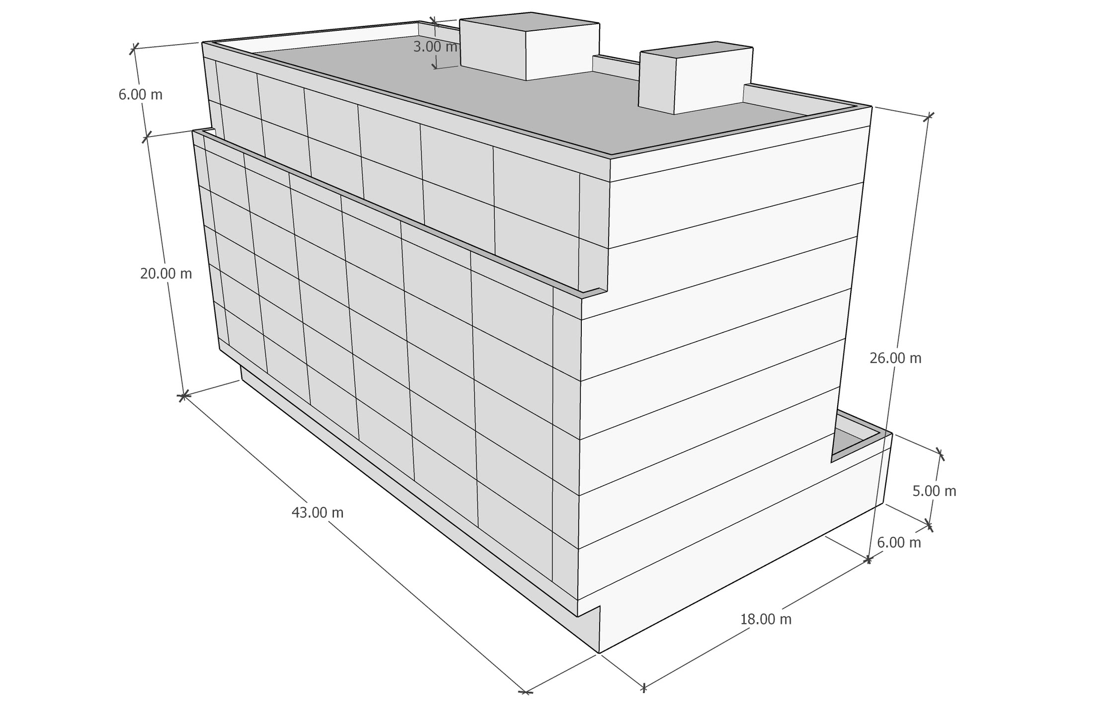 The same mid-rise block from the other corner with the glazing grid and the roof plant drawn