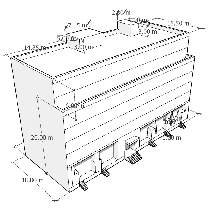 A commercial block with its ground floor entrances dimensioned along an 18 metre depth