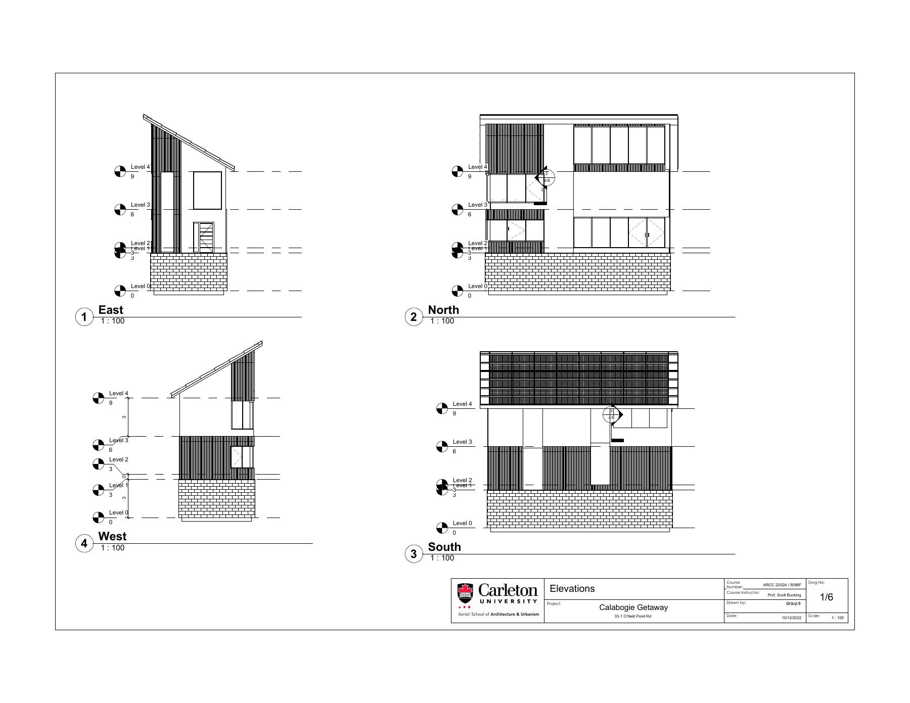 The four elevations with the level heights carried across all of them from one datum