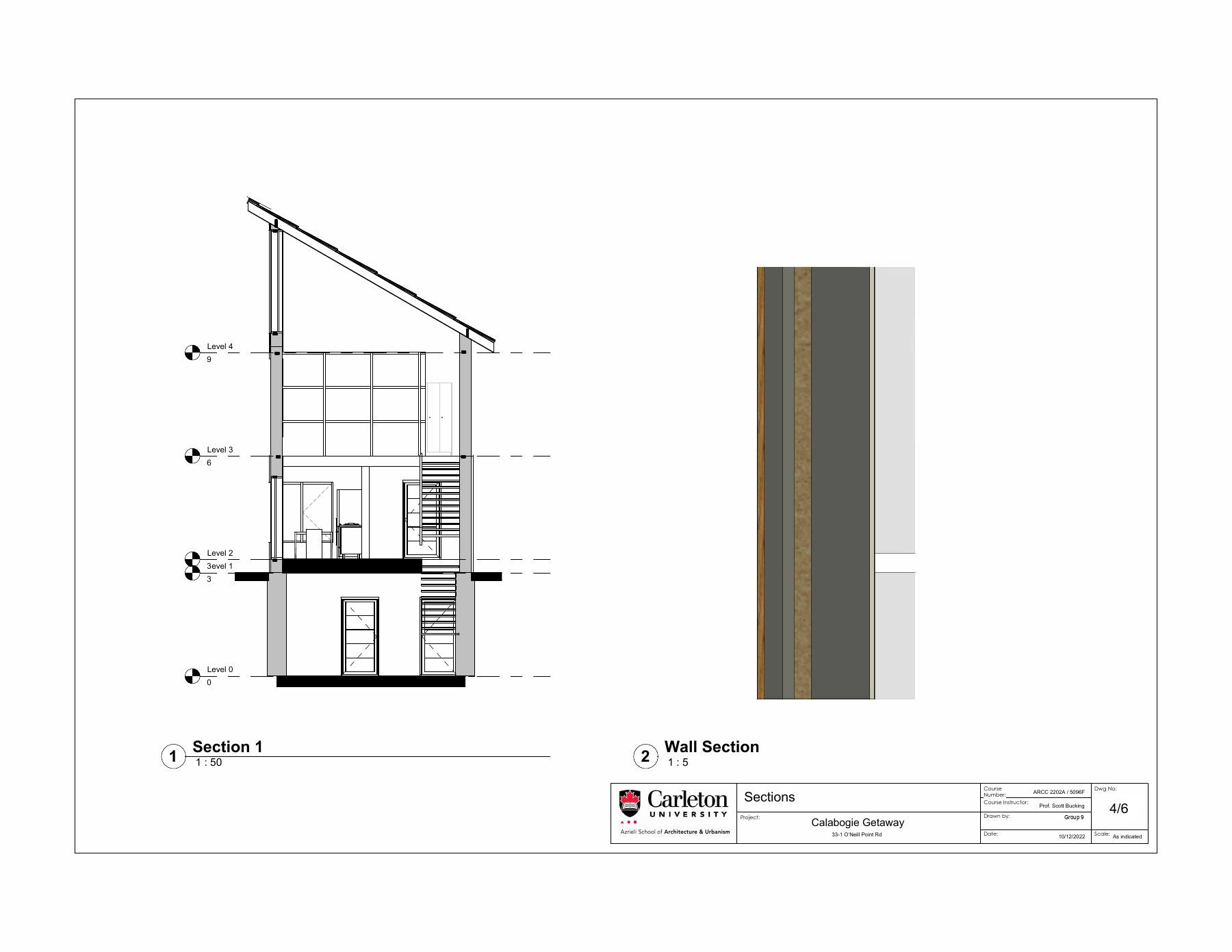 Long section through the double height space with the wall section drawn alongside it