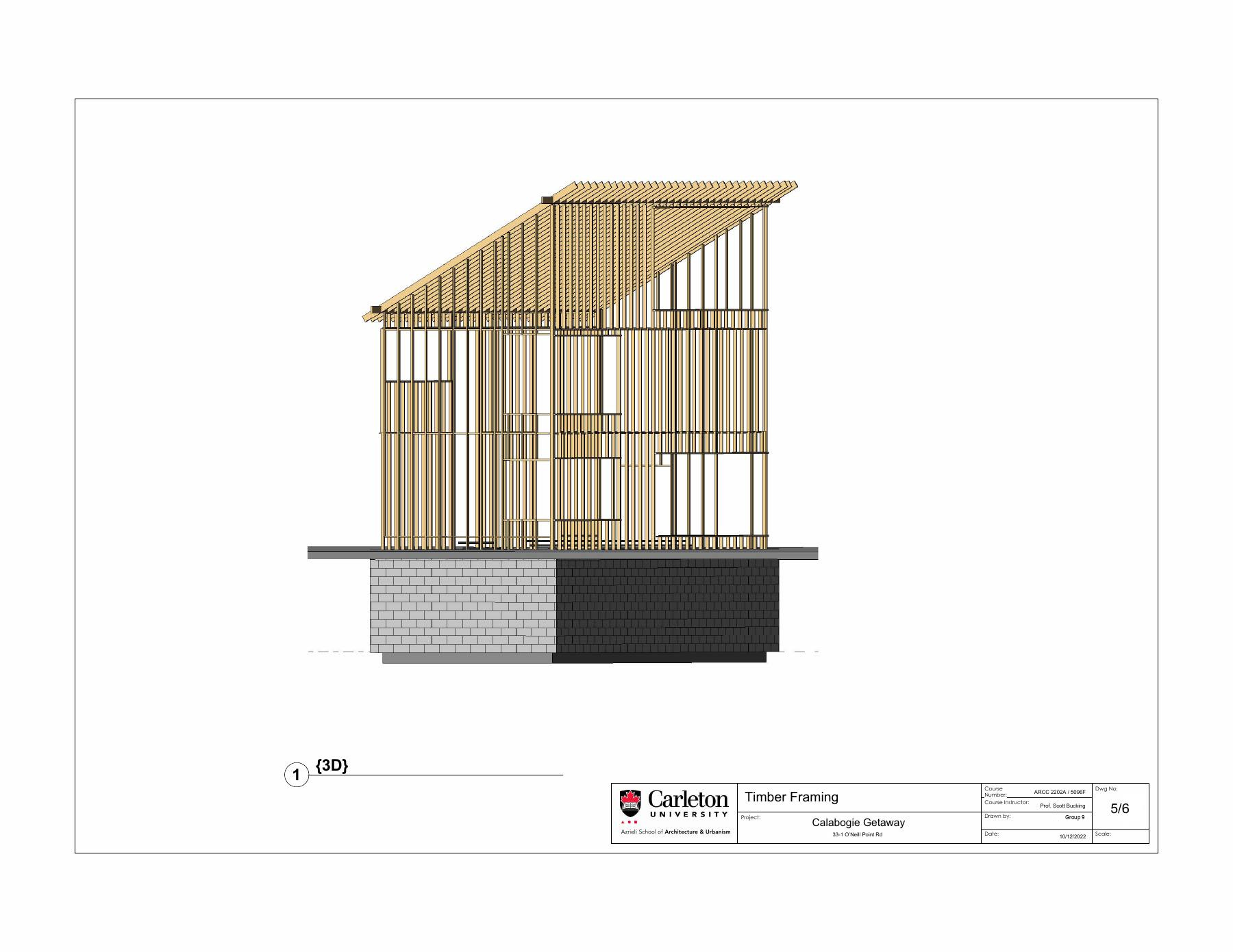 Timber framing axonometric with every stud, plate and rafter drawn individually above the floor slab