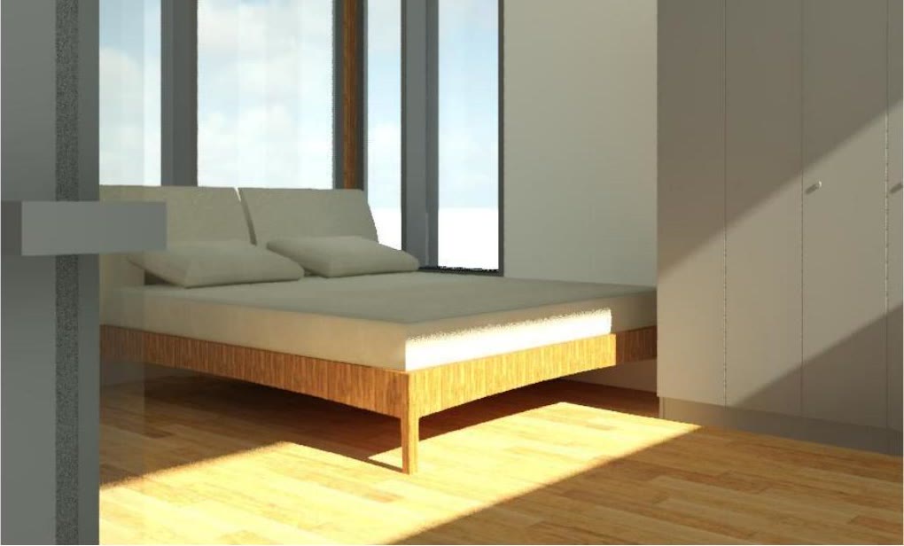 Bedroom with the bed set against full height glazing and light falling across the timber floor