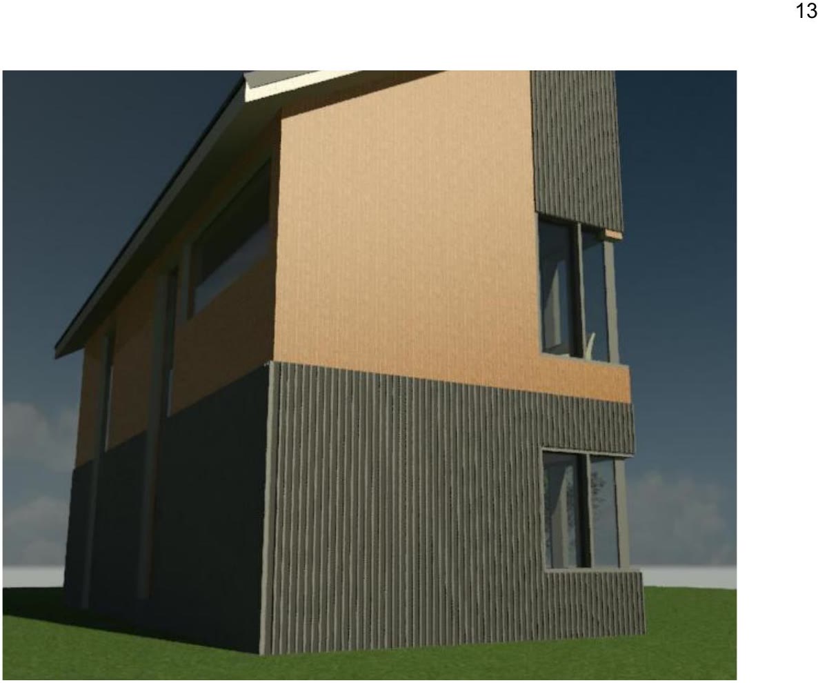 Corner view of the coach house showing the vertical timber cladding against the dark panelled end wall