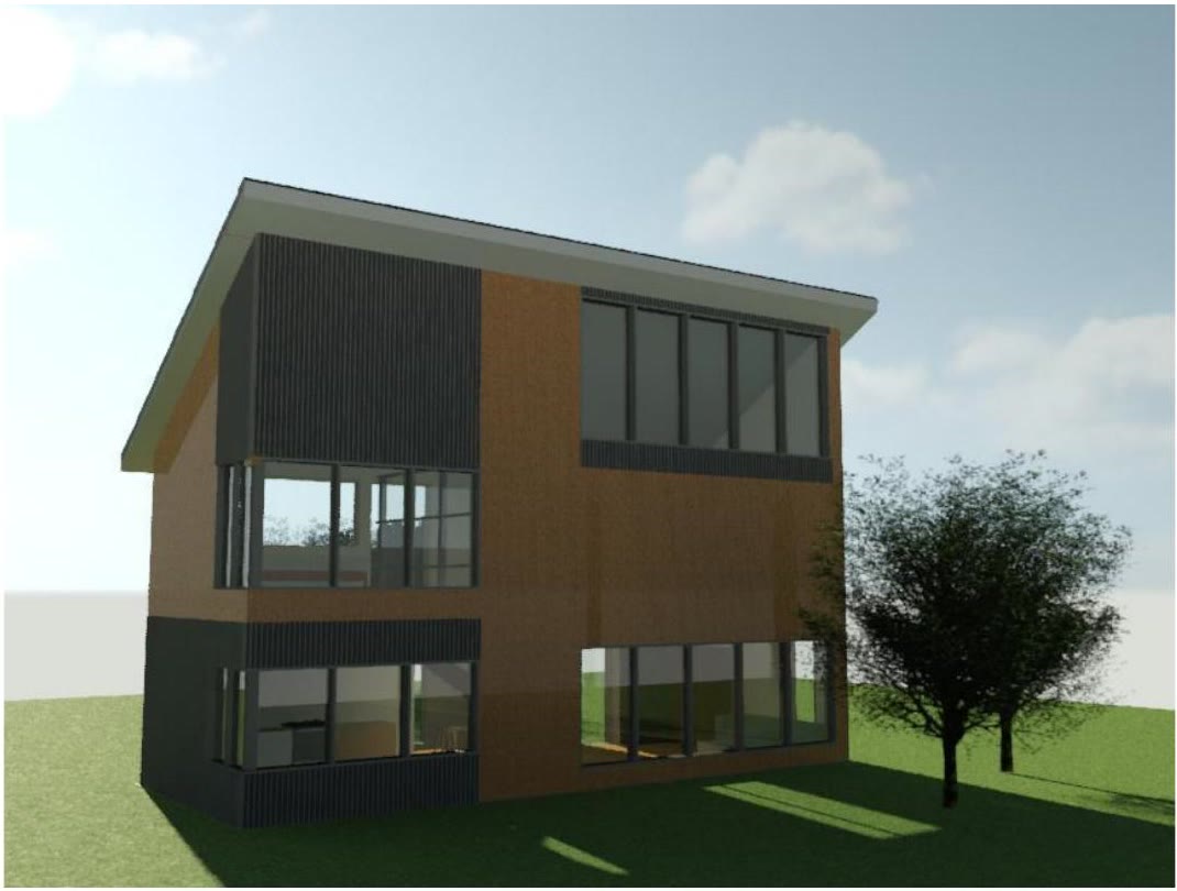 Rendered view of the coach house from the garden side, the timber clad upper storey cantilevering over the darker base