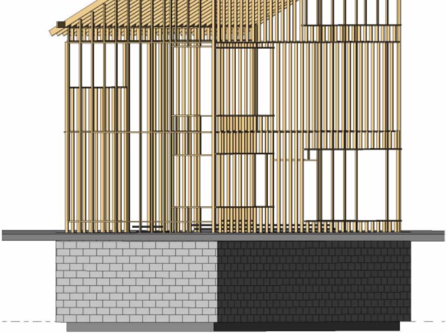 Revit model render of the timber post and beam frame standing on the blockwork base, every member drawn