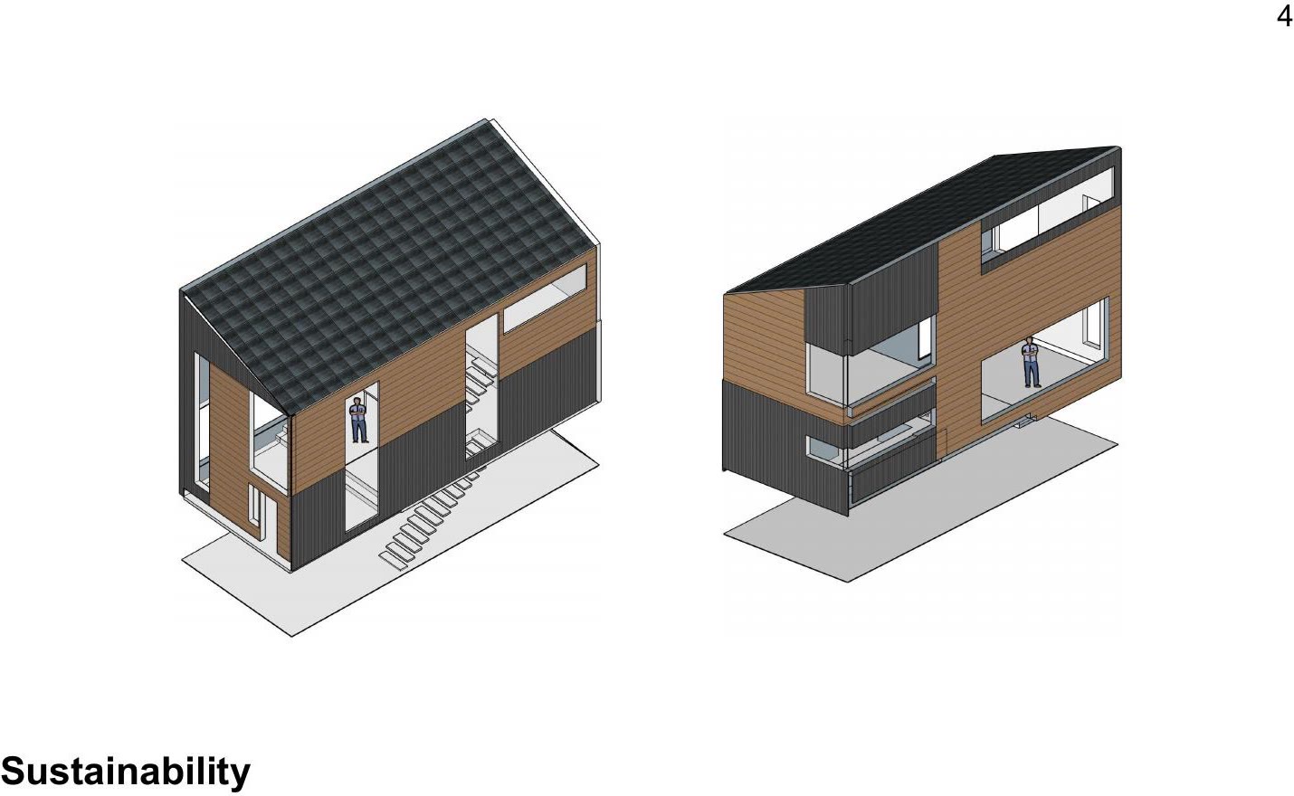 Two cut-away massing studies of the coach house, the dark roof and timber cladding shown with the floors visible inside