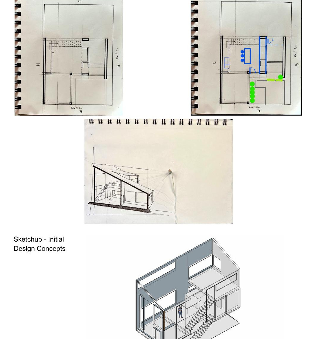 Hand drawn plan studies on sketchbook paper with a perspective sketch of the double height space, and the initial SketchUp model cut open beside them