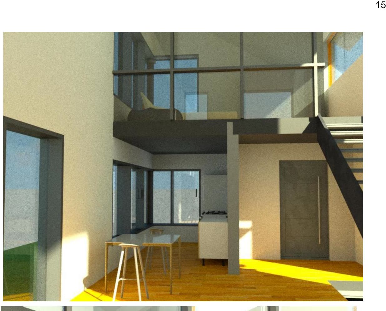 The double height living space with the stair rising through it and the mezzanine edge above