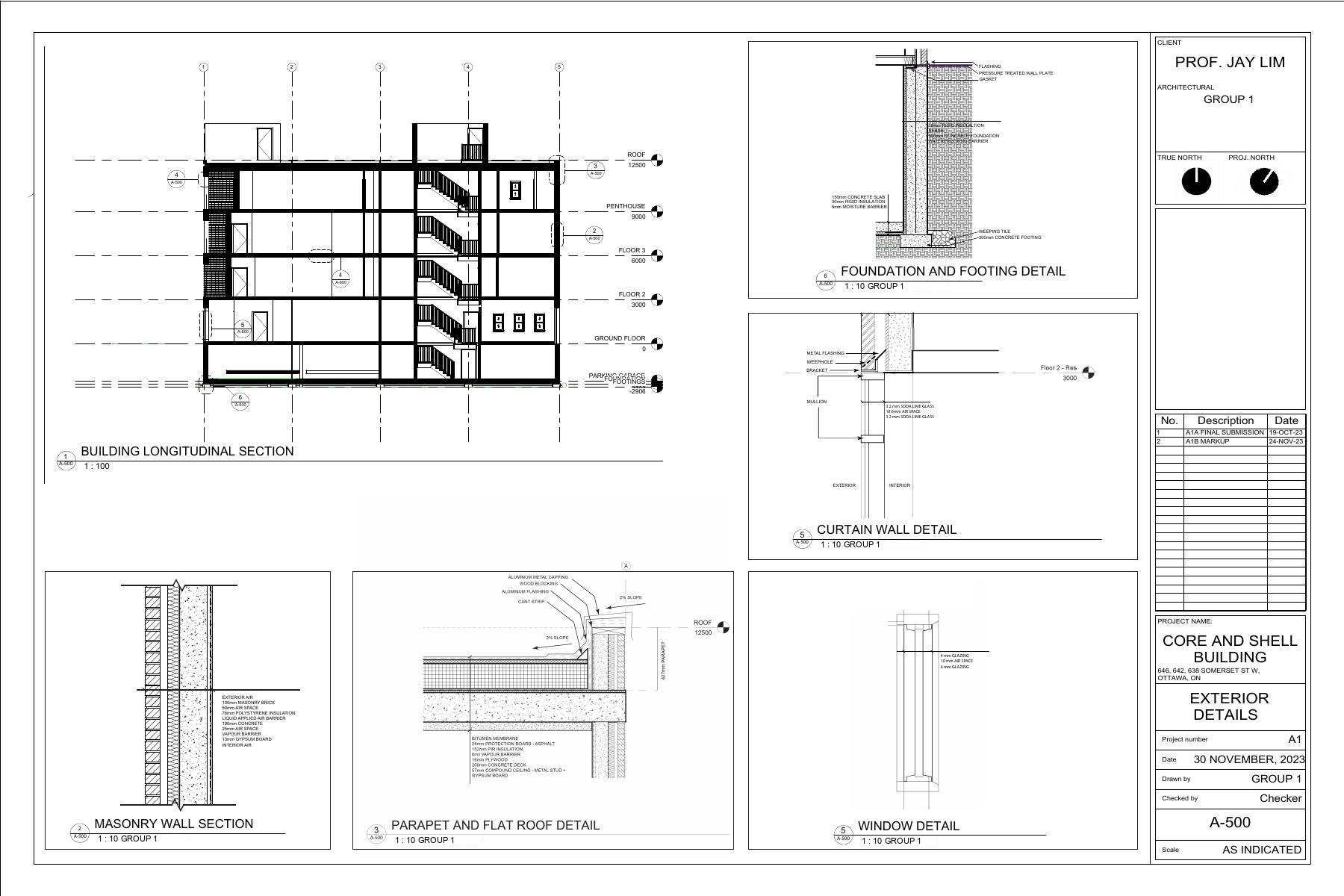 Sheet carrying the building longitudinal section alongside foundation, curtain wall, masonry, parapet and window details