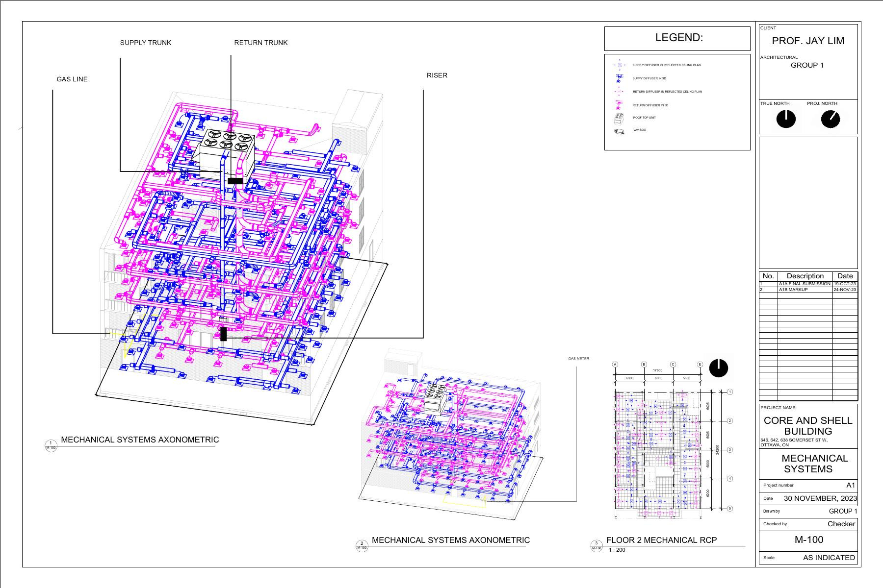 Mechanical systems axonometric of the building, the duct runs and risers drawn in colour over the structural frame on a titled sheet