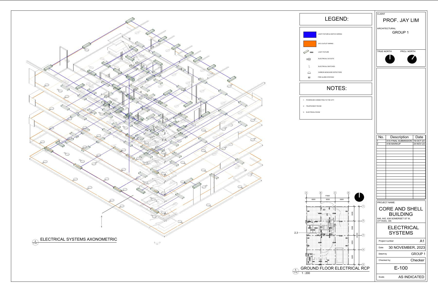 Electrical systems axonometric with the distribution drawn floor by floor over the structural frame