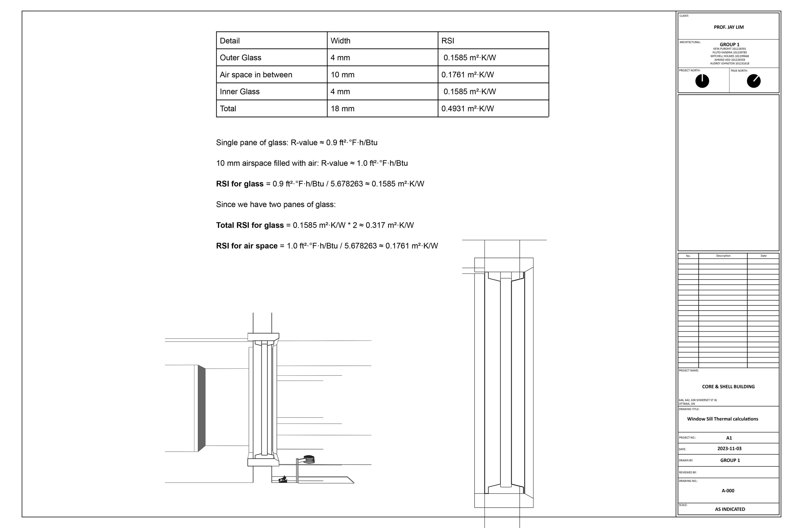 Window sill detail drawn at large scale on a titled sheet, showing the sill flashing, the sealant joint and the layers of the wall behind it